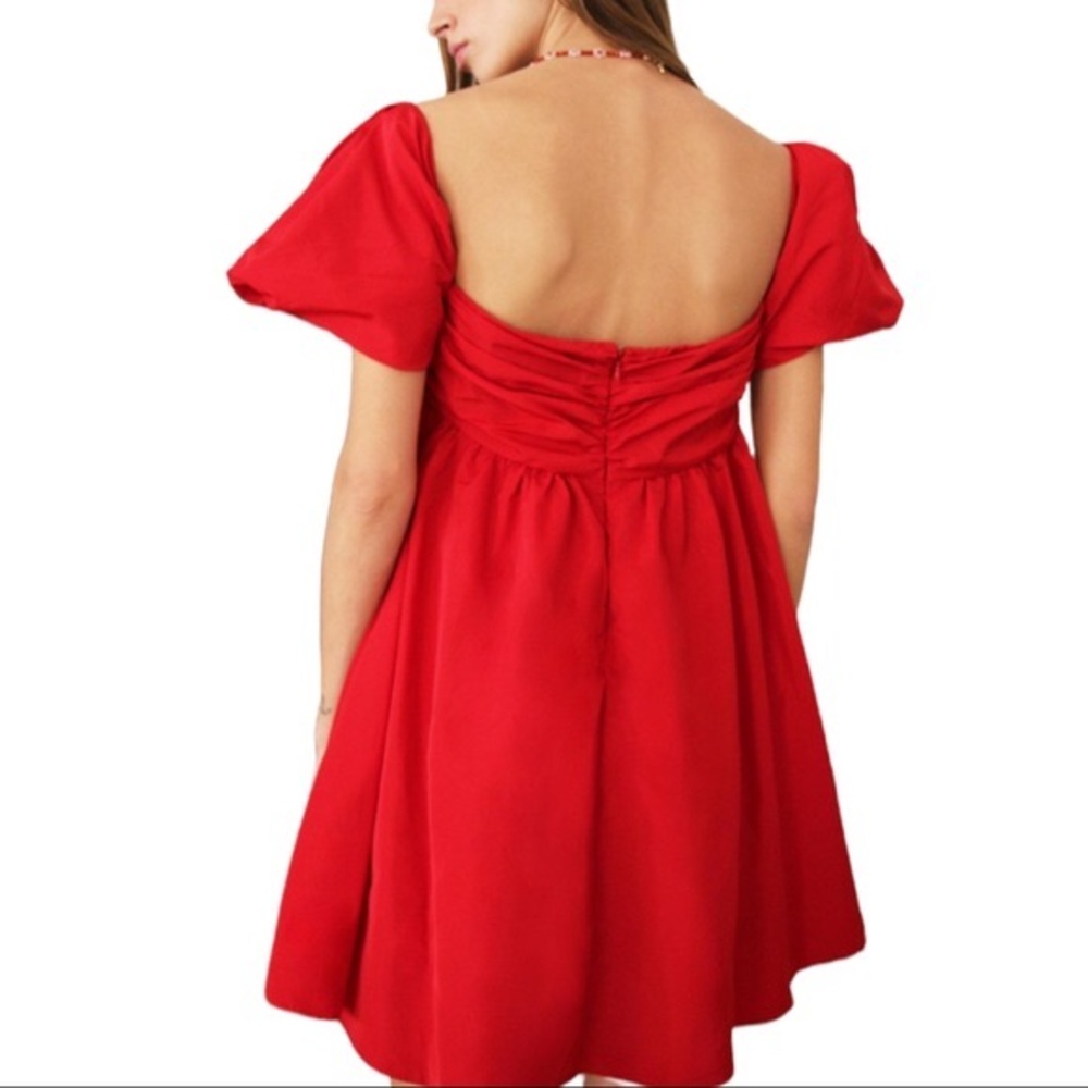 Free People Mia 2 / XS Dark Red Square Neck Puff Sleeve Ruched Mini Dress